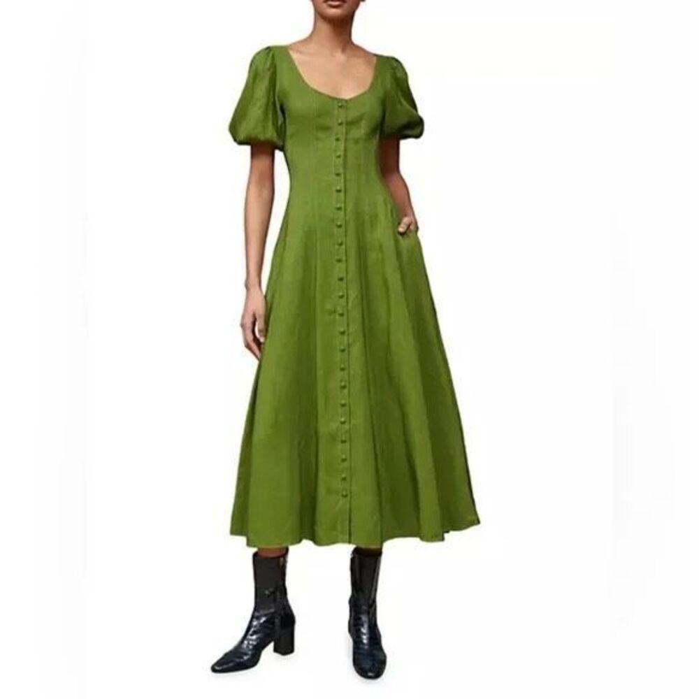 La Ligne Francesca Smocked Back Green Button Down Dress Size Small Linen Blend
